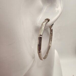 Vintage Lewis Segal Bamboo Style Silver Tone Textured Hoop Clip On Earrings